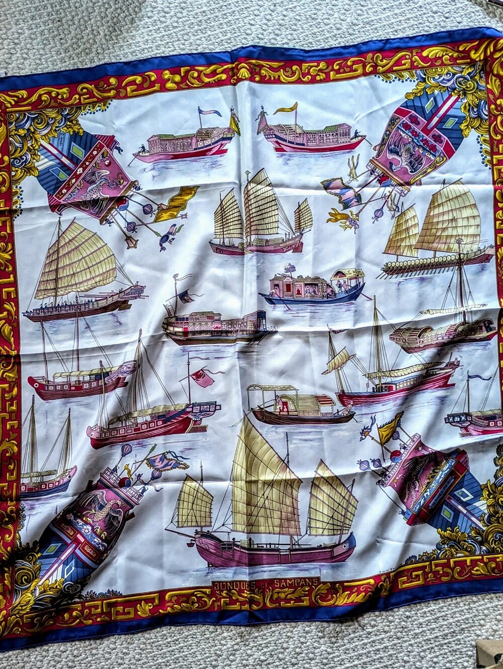 Hermès 90cm Silk Scarf Made In France Authentic Jonques et Sampans Tags Vintage